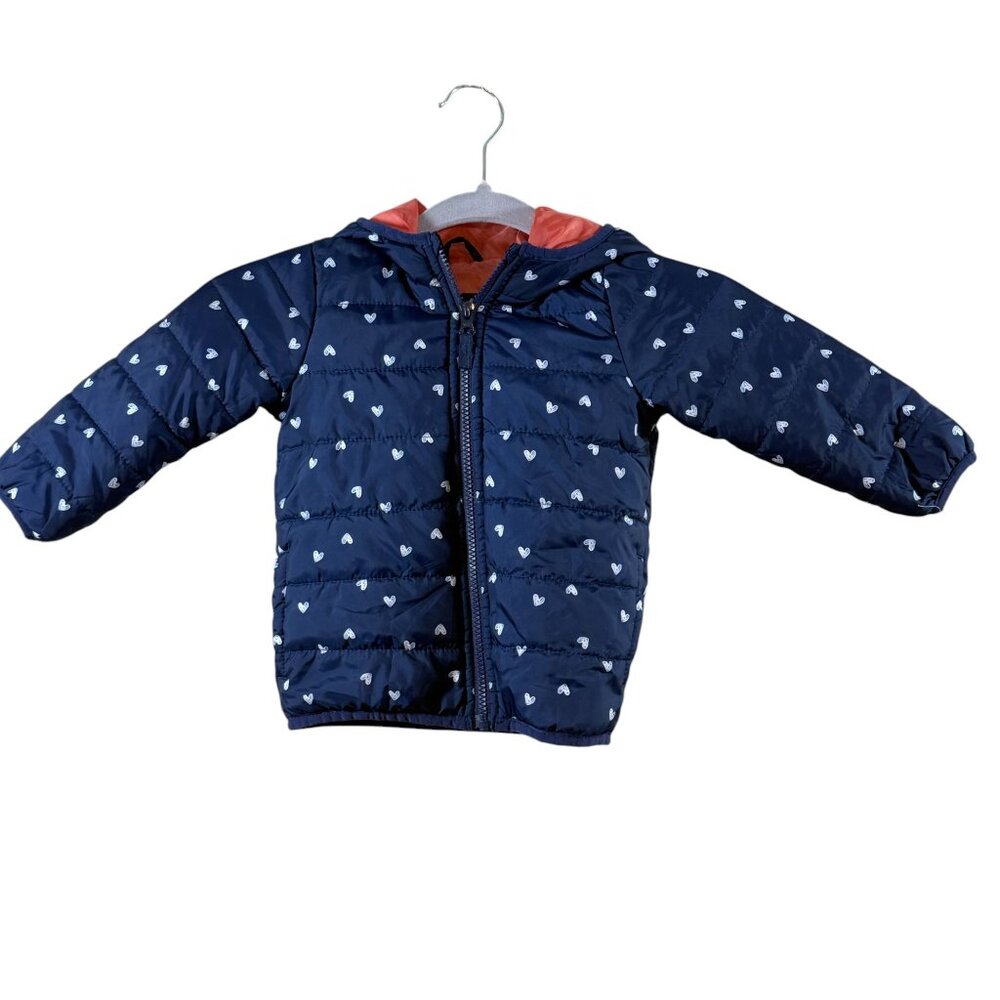 Carters Girls Coat 24 Months Hooded Puffer Jacket Blue White Hearts Print - Picture 3 of 5